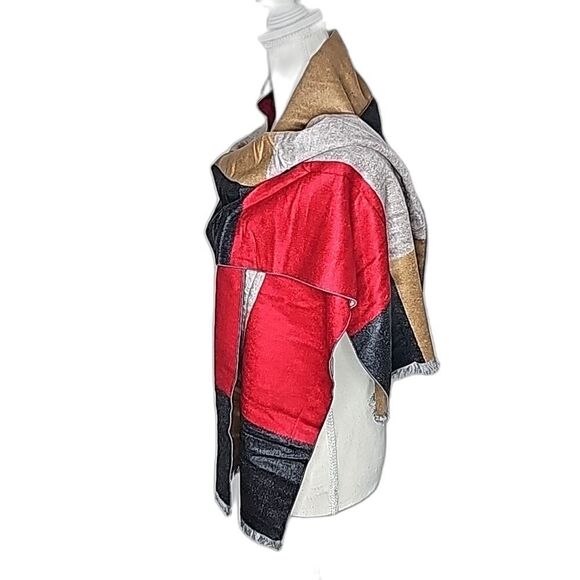 Scarf By Hansilk Red Gray Tan Mulberry Silk Size 72" x 12" Fringed edge - Picture 1 of 3